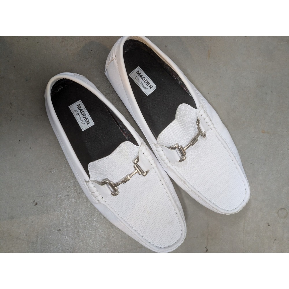 Madden Loafers Men's 10.5 White Bit Detail Textured Slip On Driver Shoes